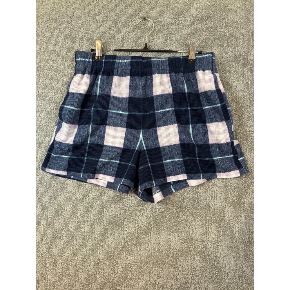 Eddie Bauer Sleep Shorts Womens M Blue Pink Excellent Waffle Knit Plaid Pajamas